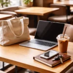 Laptop, iced coffee, notebook, and bag placed on a wooden table in a cozy cafe setting