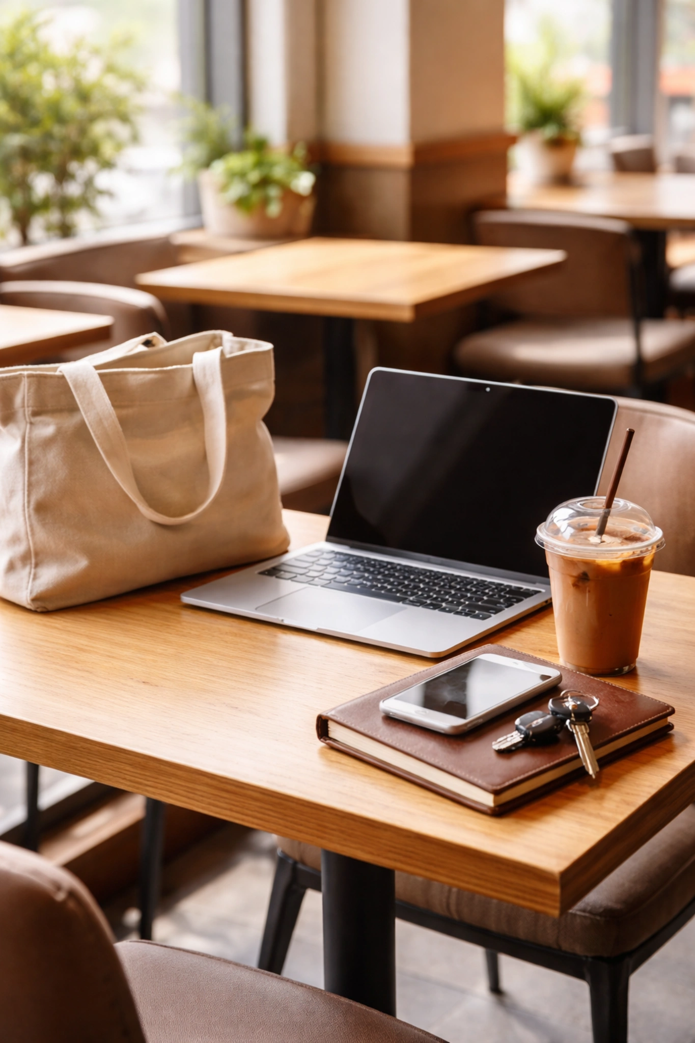 Laptop, iced coffee, notebook, and bag placed on a wooden table in a cozy cafe setting