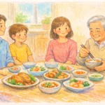 Pastel crayon illustration of a family sitting at a dining table, waiting respectfully as the eldest man begins the meal