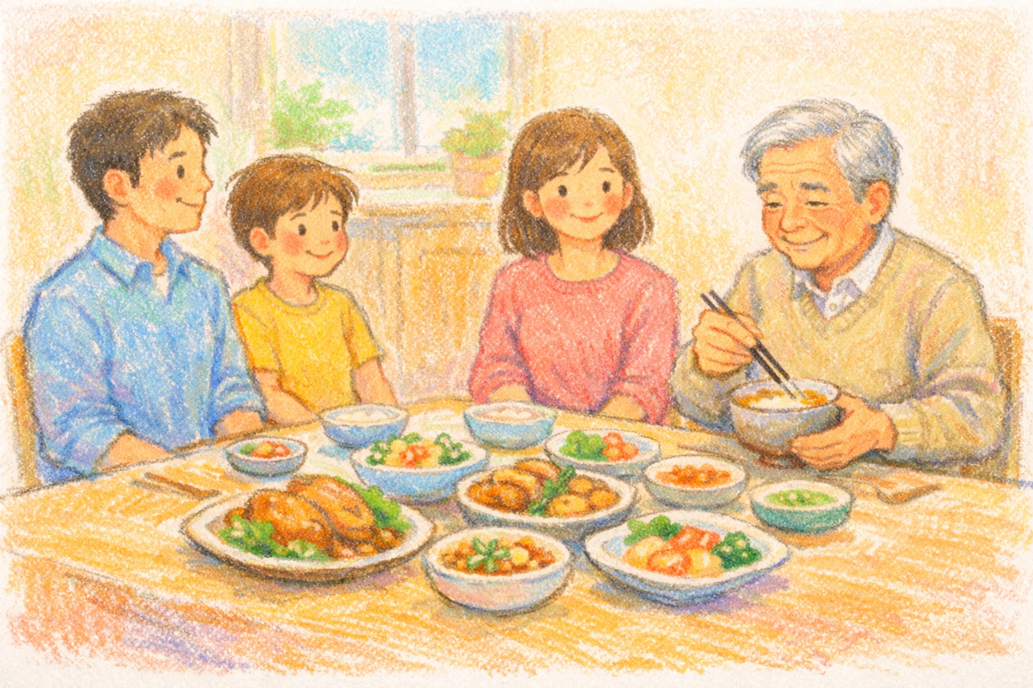 Pastel crayon illustration of a family sitting at a dining table, waiting respectfully as the eldest man begins the meal