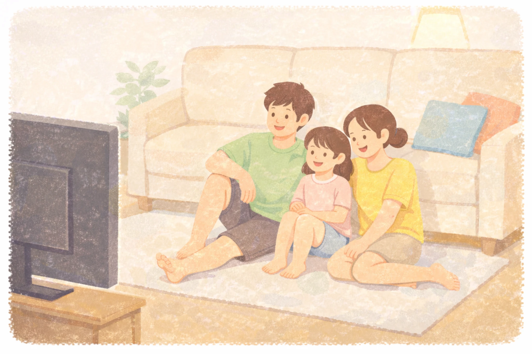 A barefoot family sitting on the living room floor, leaning against a sofa while casually watching TV together at home.