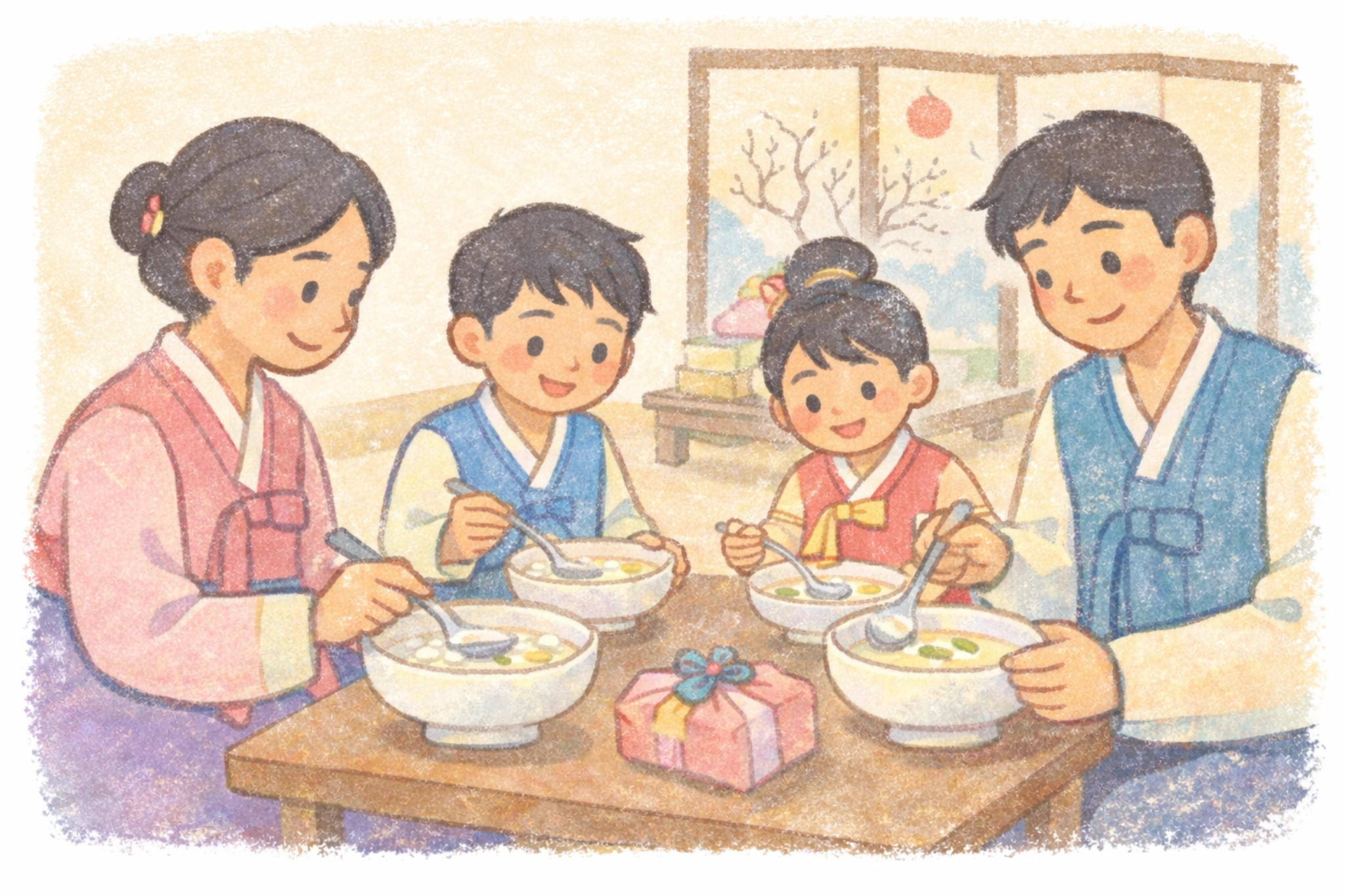 Korean family wearing hanbok and eating tteokguk together at home during Seollal, Korean Lunar New Year.