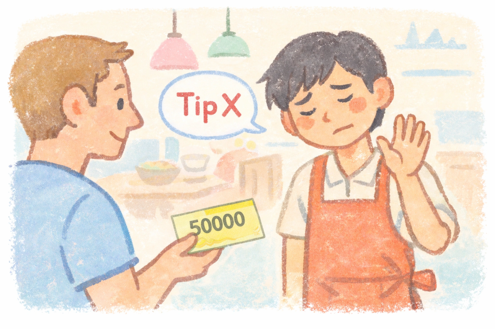 Flat crayon-style illustration of a foreign customer offering money to a Korean restaurant worker who politely refuses a tip, shown with a “Tip X” speech bubble.