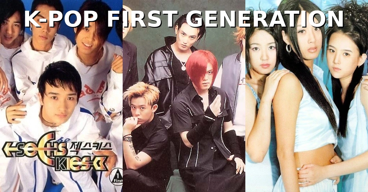 Collage of first generation K-pop idol groups from the late 1990s and early 2000s posing for promotional photos