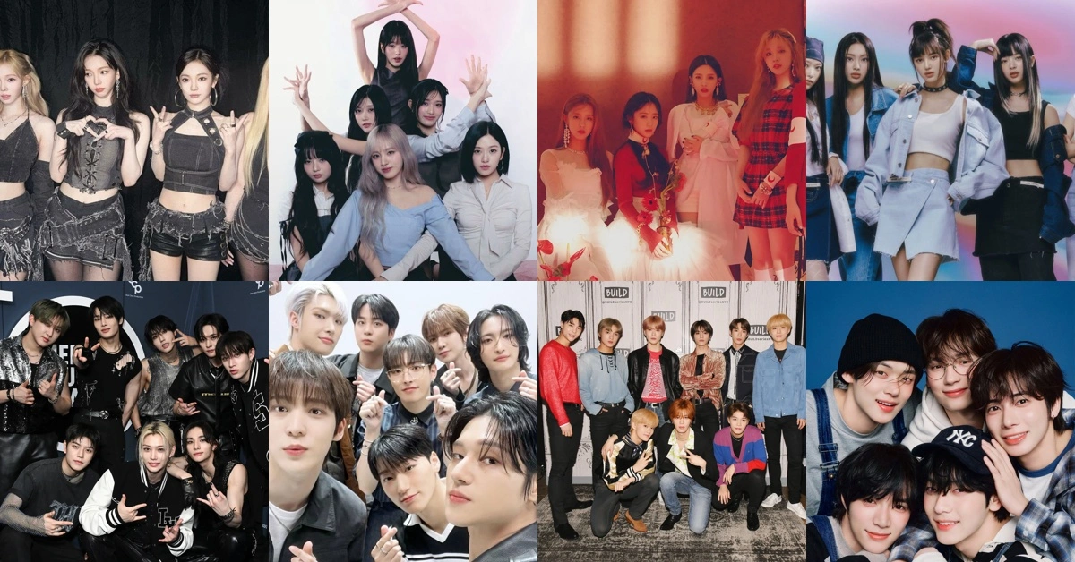 Collage of fourth generation K-pop idol groups from the late 2010s to early 2020s in modern promotional photos