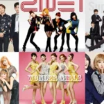 Collage of second generation K-pop idol groups from the late 2000s and early 2010s in promotional photos