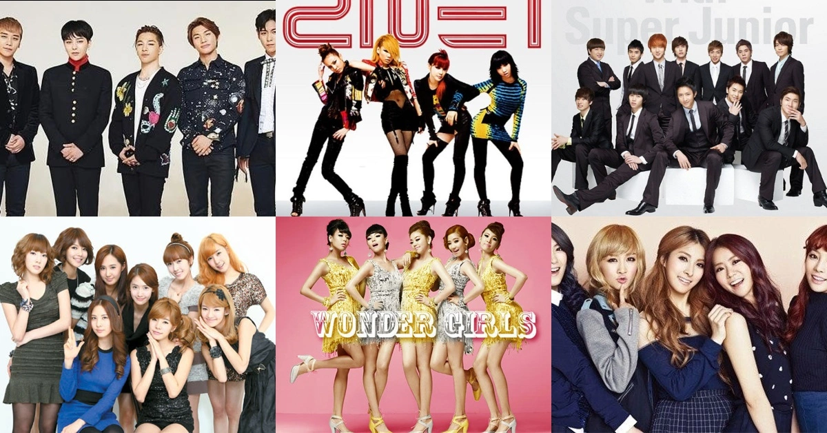 Collage of second generation K-pop idol groups from the late 2000s and early 2010s in promotional photos