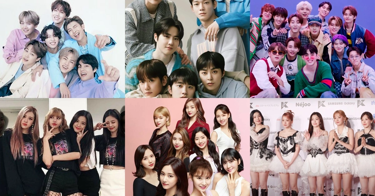Collage of third generation K-pop idol groups from the mid to late 2010s posing in promotional photos
