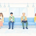 Flat pastel illustration of people sitting one seat apart inside a subway train with minimal crayon texture