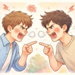Illustration of two boys angrily arguing face to face, pointing fingers at each other with expressive emotions
