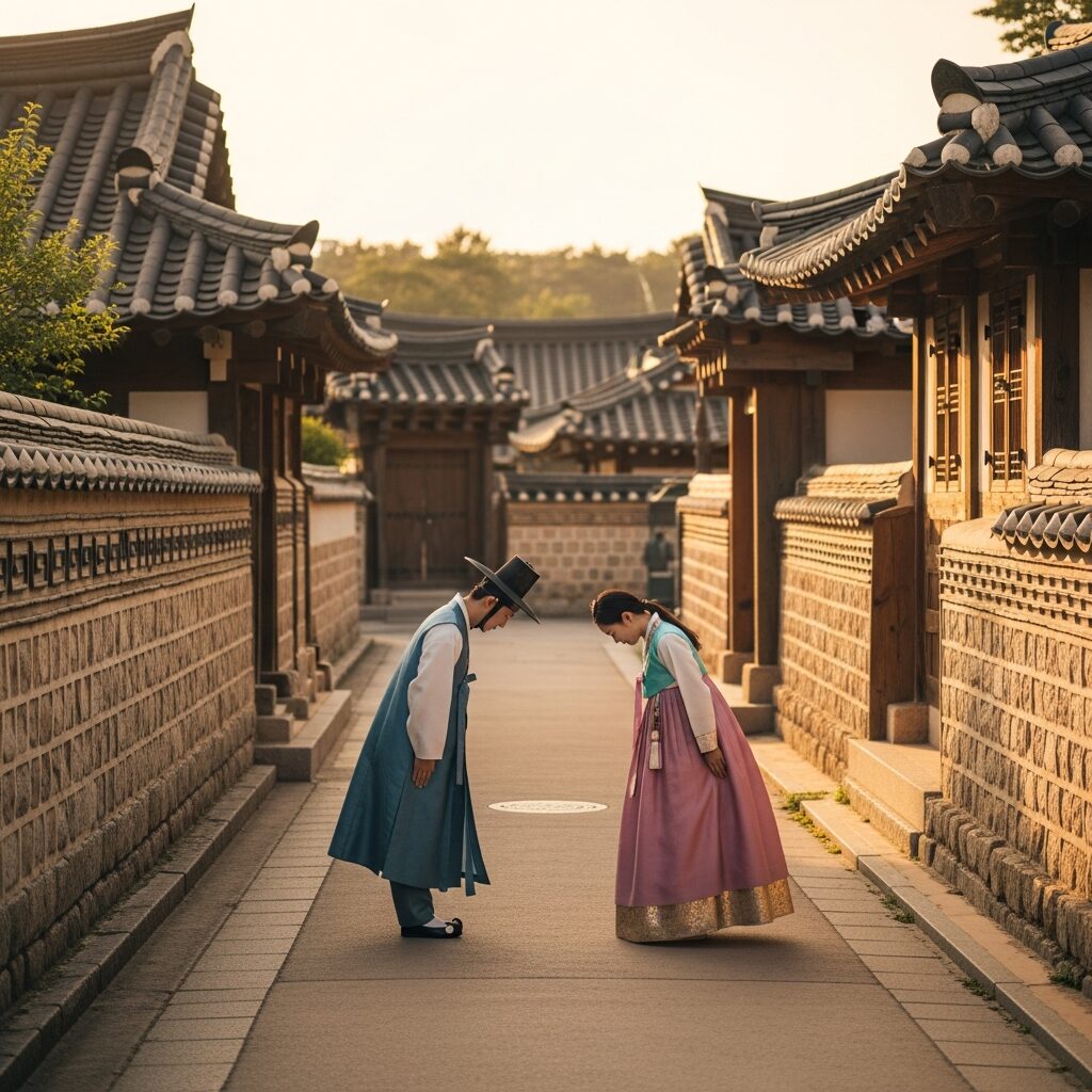 Two Korean people bowing respectfully to each other on a traditional Korean street showing age-based social customs