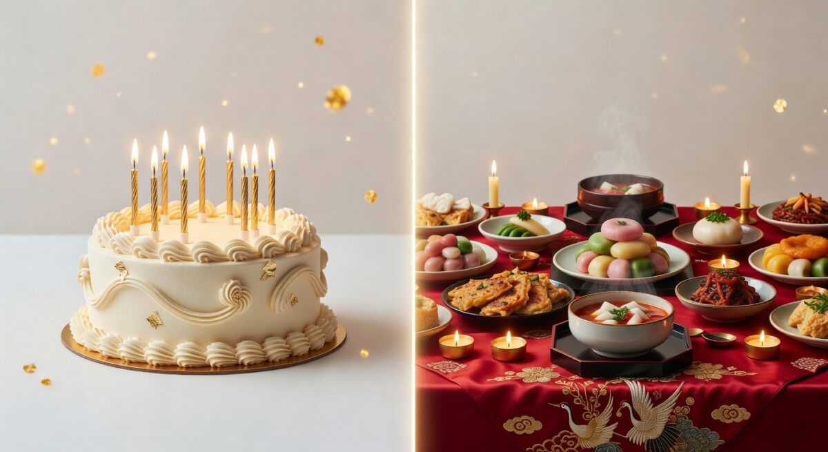 Traditional Korean calendar and birthday celebration with colorful rice cakes and candles in Seoul