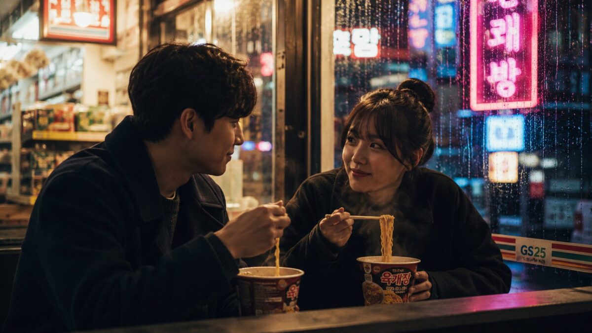 Two people eating ramyeon together inside a Korean convenience store at night by a window