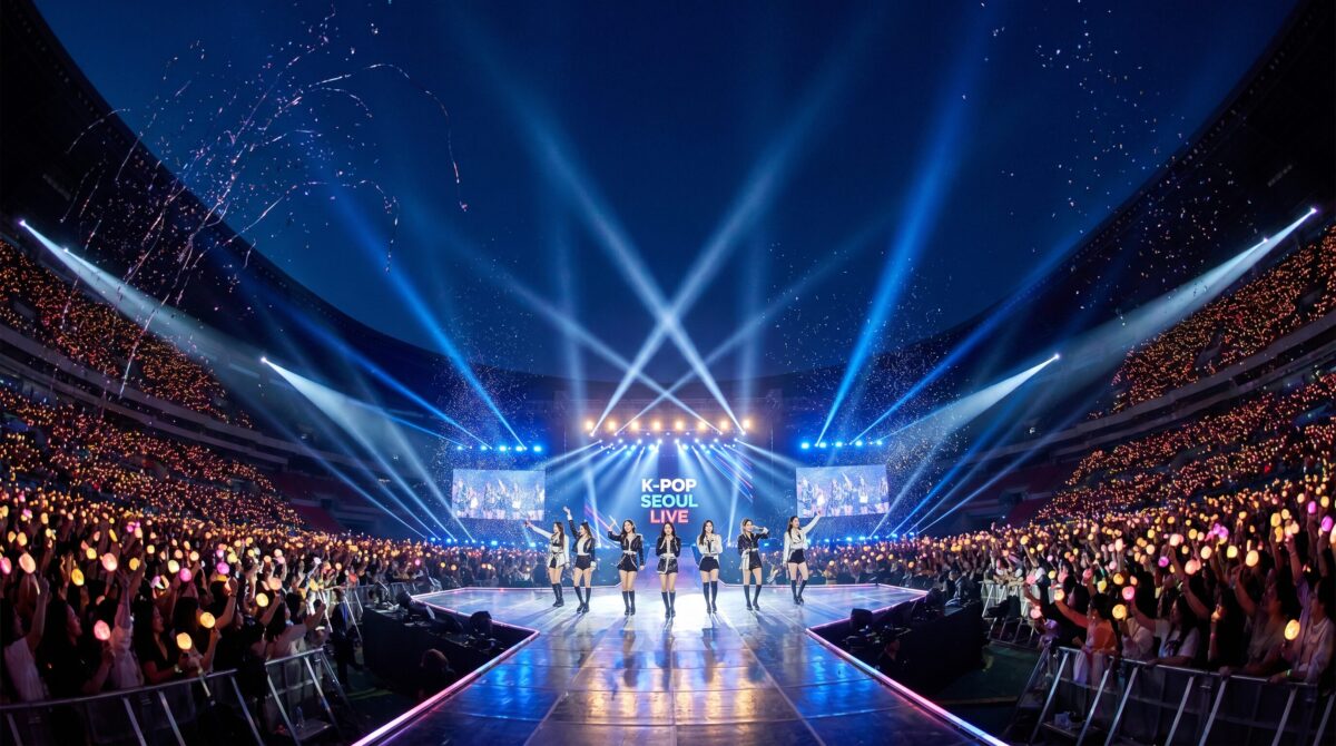 K-pop idol group performing on a large stage with bright spotlights and a massive crowd at a concert in Korea