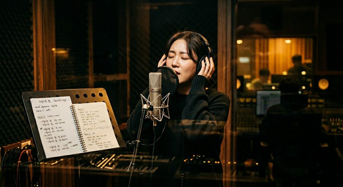 K-pop vocal training session with a young Korean singer practicing in a professional