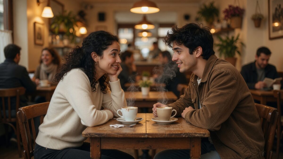 Two people sitting across from each other at a café table in nervous excited conversation on a first date