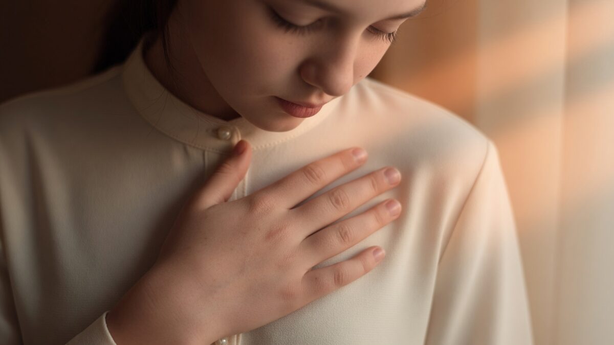 Close-up of a person's hand pressed gently to their chest with eyes closed in a moment of deep feeling