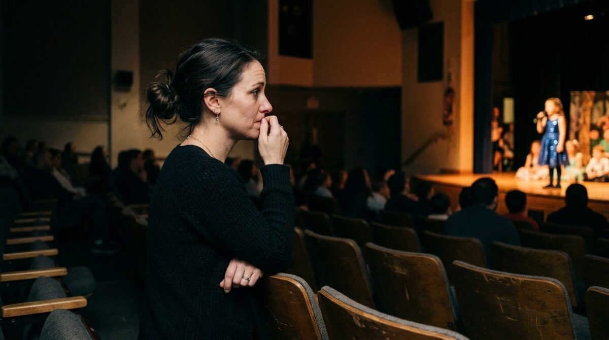A parent watching nervously from the sidelines as a child performs on a school stage