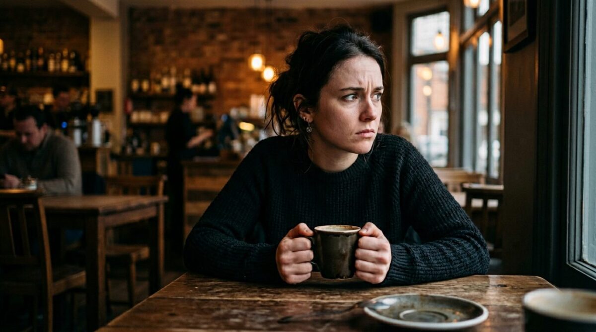 Person sitting tense at a table gripping a coffee cup with a worried expression staring into the distance