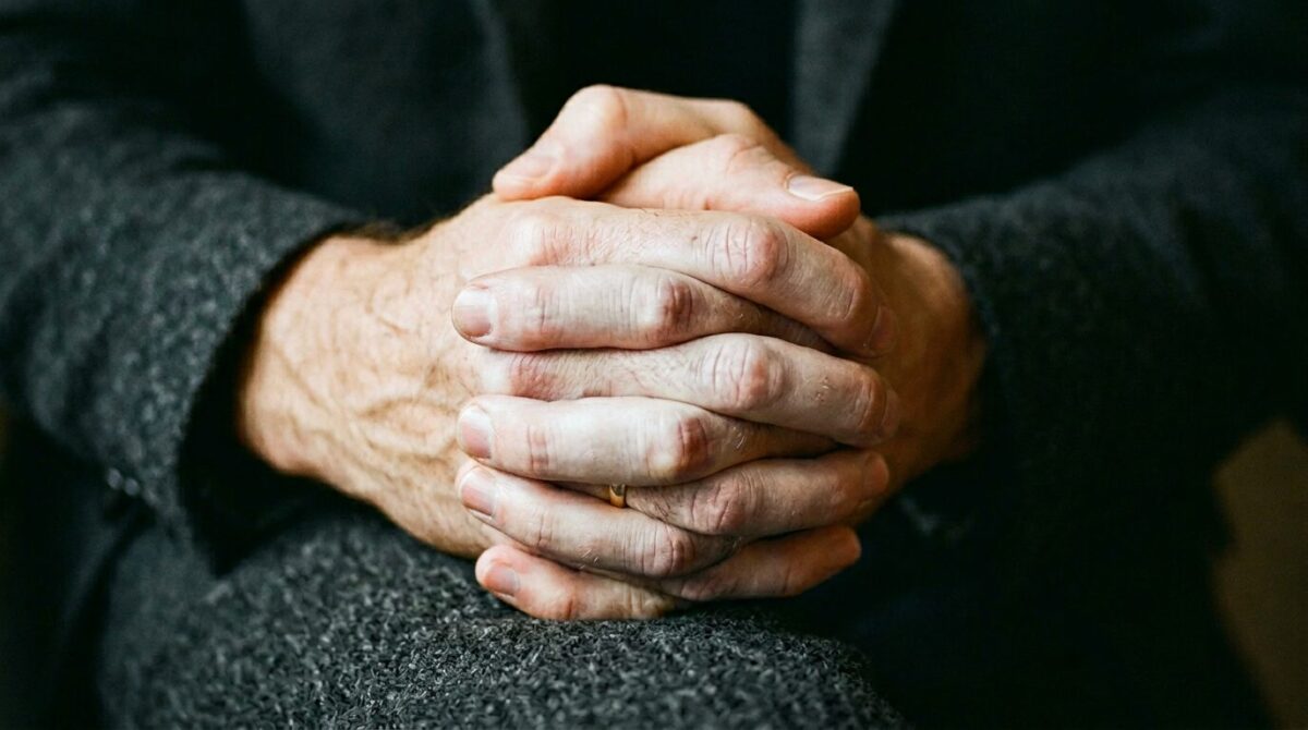 Close-up of tightly clasped hands in a lap showing tension and quiet anxious dread