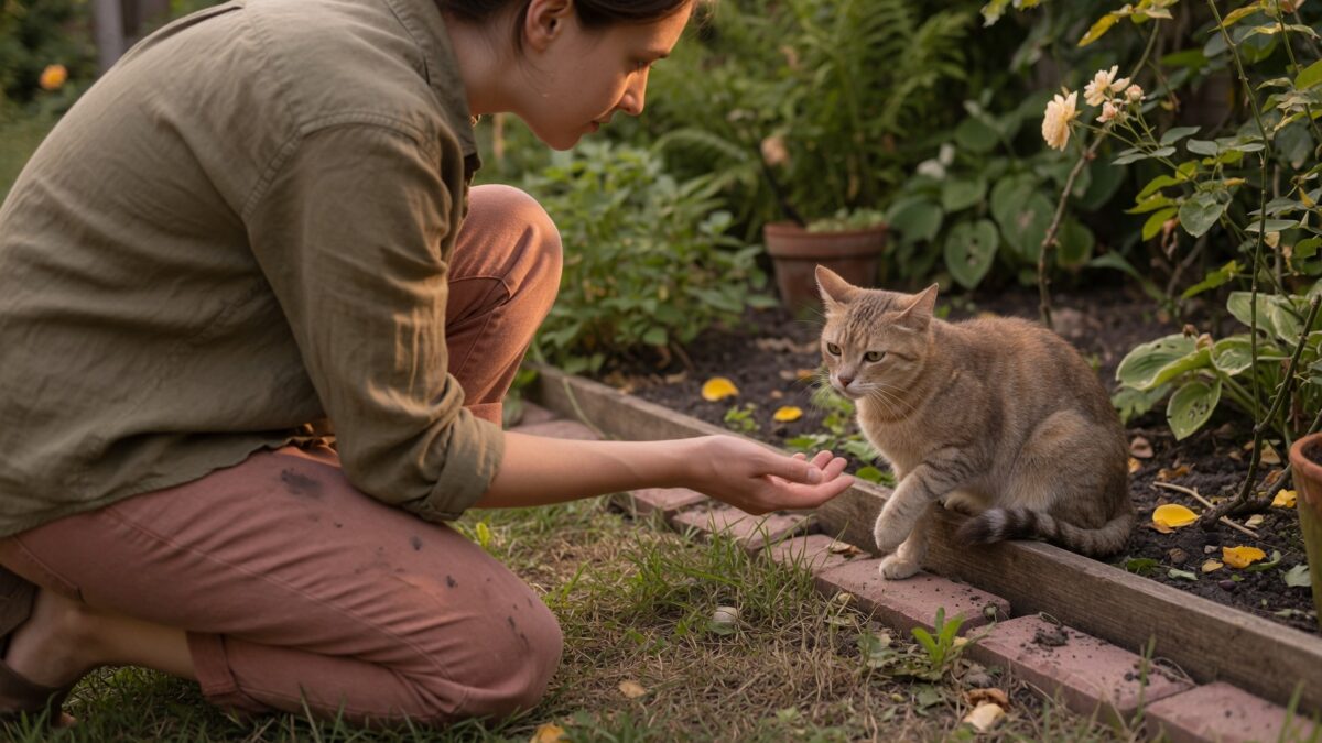 Person carefully approaching a nervous cat outdoors trying not to startle it