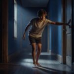 Person sneaking quietly through a dark hallway at night trying not to make a sound