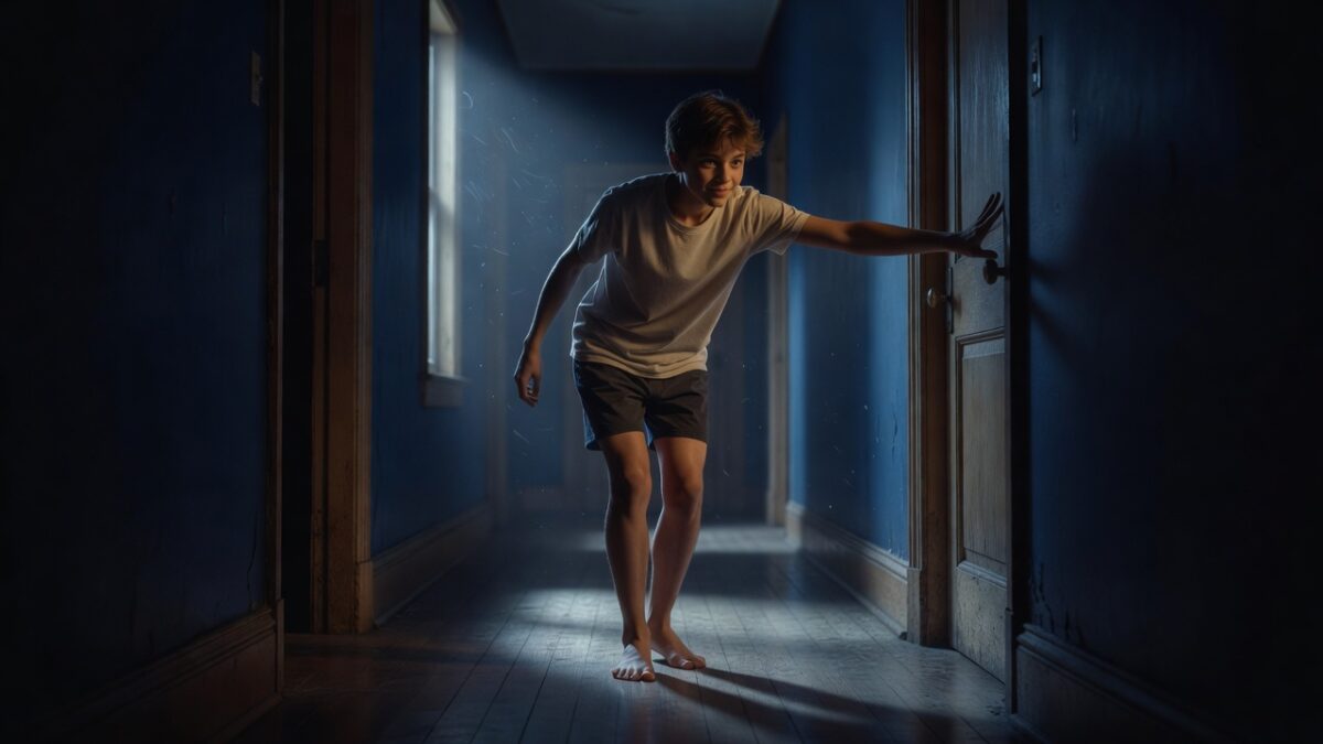 Person sneaking quietly through a dark hallway at night trying not to make a sound