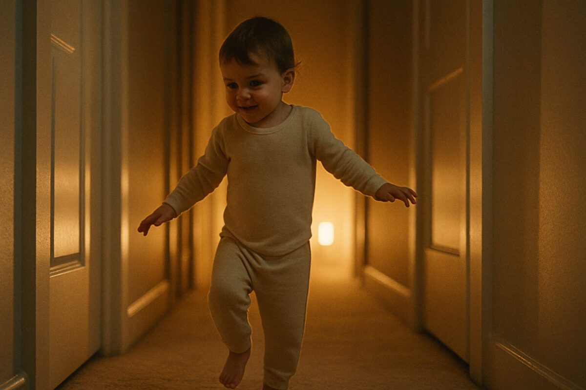 Child tiptoeing down a softly lit hallway at night in pajamas representing gentle quiet careful movement
