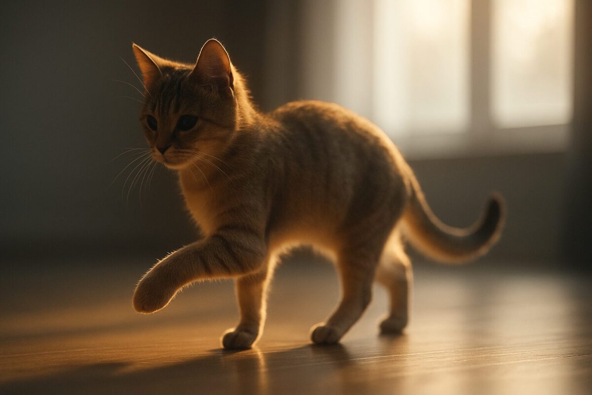 A cat walking delicately across a wooden floor in soft morning light representing light graceful movement