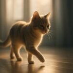 A cat walking delicately across a wooden floor in soft morning light representing gentle graceful movement