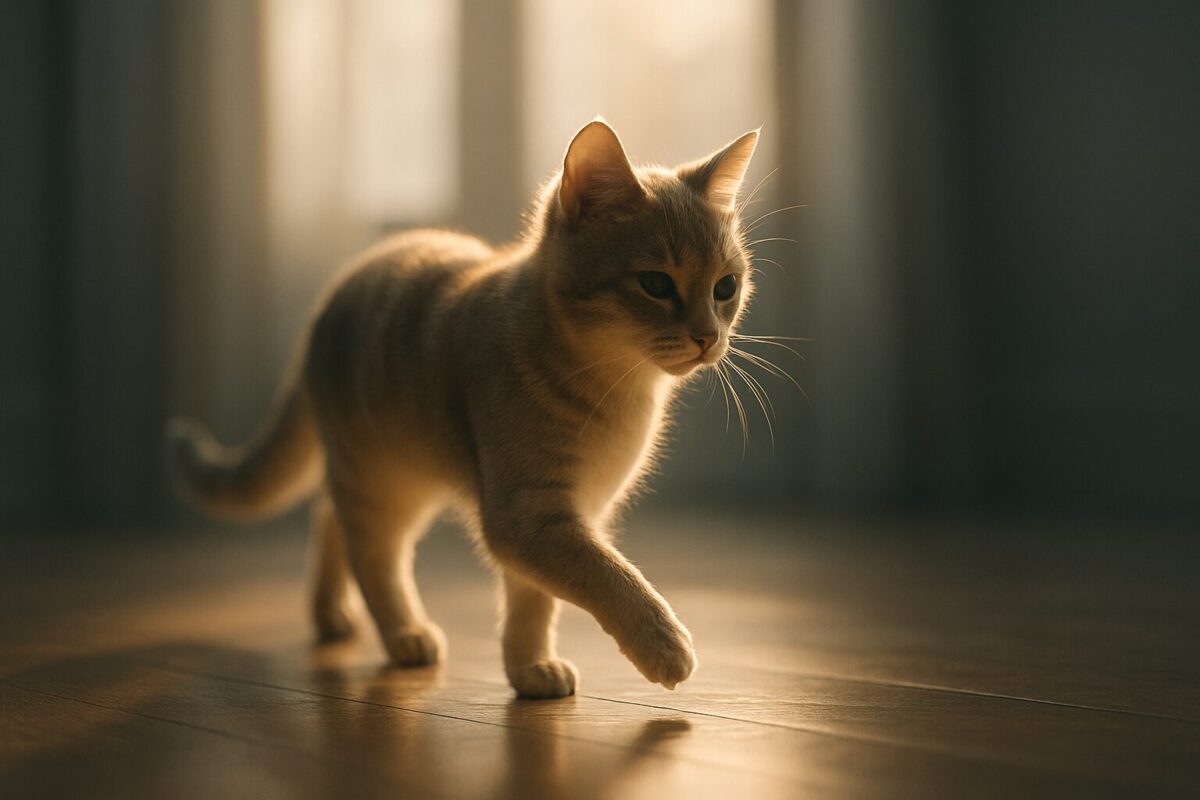 A cat walking delicately across a wooden floor in soft morning light representing gentle graceful movement