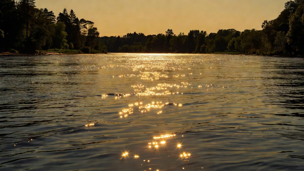 Sunlight sparkling and reflecting off the surface of a calm river in golden afternoon light