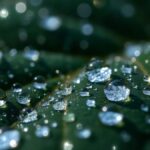 Extreme close-up of sparkling water droplets on a dark leaf catching brilliant sunlight