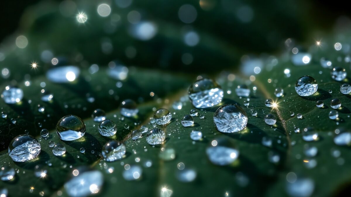 Extreme close-up of sparkling water droplets on a dark leaf catching brilliant sunlight